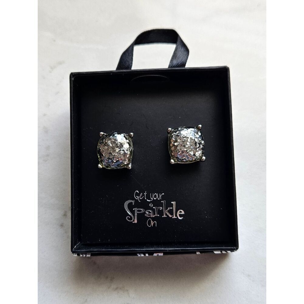 Large Sparkling Silver Square Stud Earrings